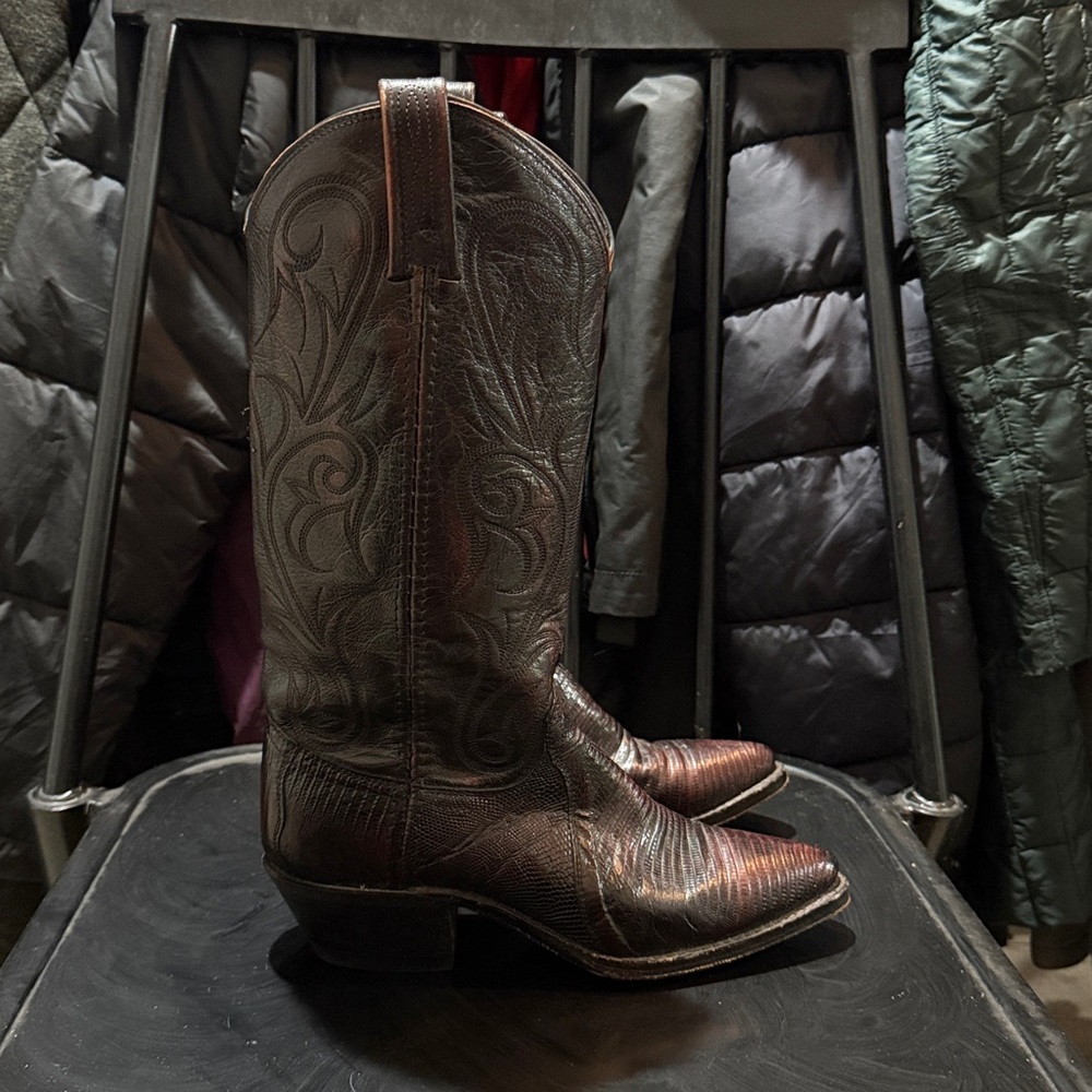 DAN POST BLACK CHERRY TEJU LIZARD WESTERN COWBOY RANCH RODEO BUCKAROO BOOTS
